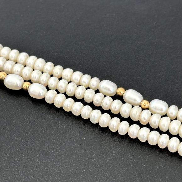 14K Yellow Gold Genuine Real Cream Pearl Triple Strand Bracelet - Picture 9 of 12